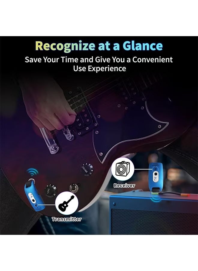 نظام جيتار لاسلكي A9 2.4 جيجا هرتز بطارية ليثيوم قابلة لإعادة الشحن مدمجة جهاز إرسال واستقبال صوتي لاسلكي قابل للدوران 270 درجة للجيتار الصوتي والباس والكمان ولوحة المفاتيح والأدوات الكهربائية، أزرق - Image 2